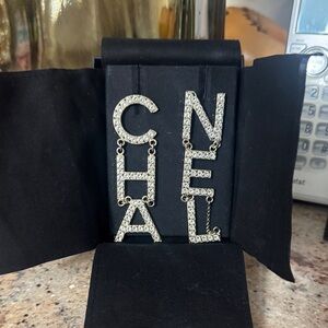 AUTHENTIC Runway CHANEL Silver Crystal Letter Earrings